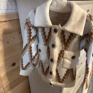 New Cozy Native Quilted Knit Cardigan Sweater Jacket Cream Rust Orange cropped.